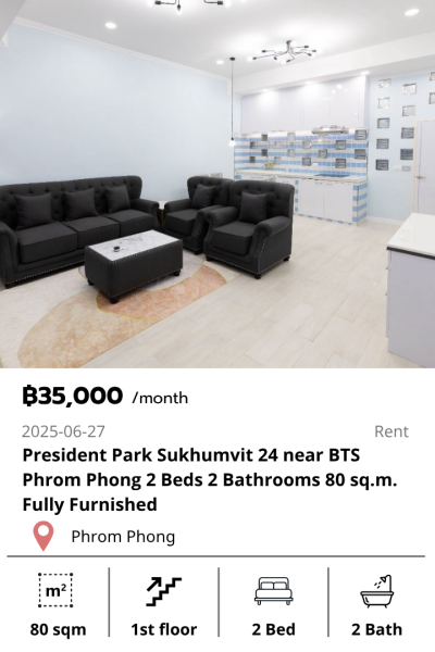 President Park Sukhumvit 24 near BTS Phrom Phong 2 Beds 2 Bathrooms 80 sq.m. Fully Furnished